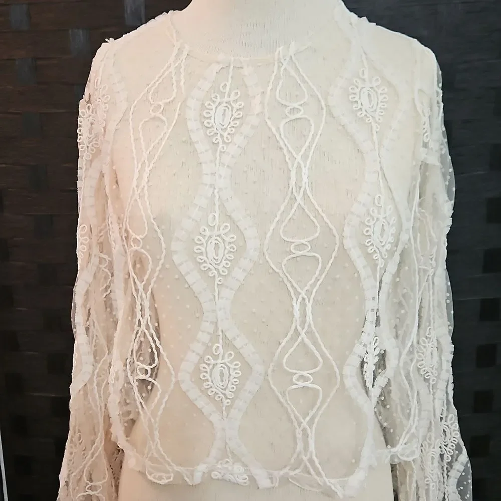 Zara Cream Lace Long Sleeve Cropped Whimsigoth Top Size Small